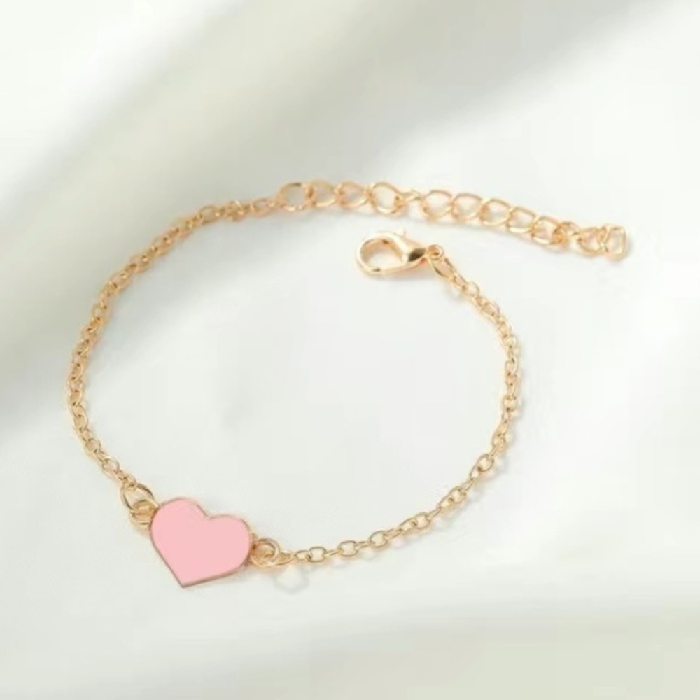 NWOT - Stainless Steel Gold Colored Dipped Heart Bracelet (Pink Heart / 220mm)